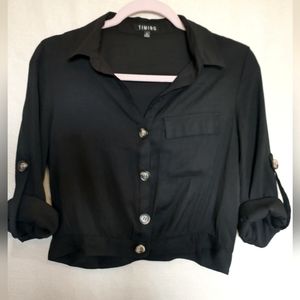 TIMING Black Cropped Button Up Blouse Women's Medium Long Sleeve Or Roll Tab